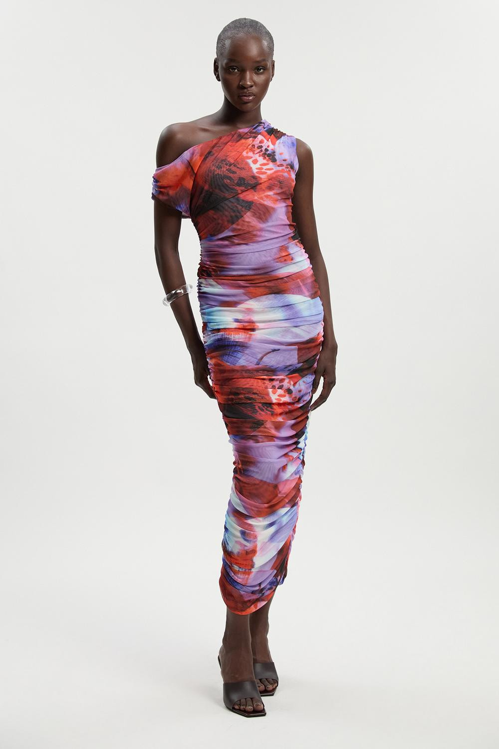 Floral Printed Mesh Ruched One Shoulder Maxi Dress | Karen Millen US