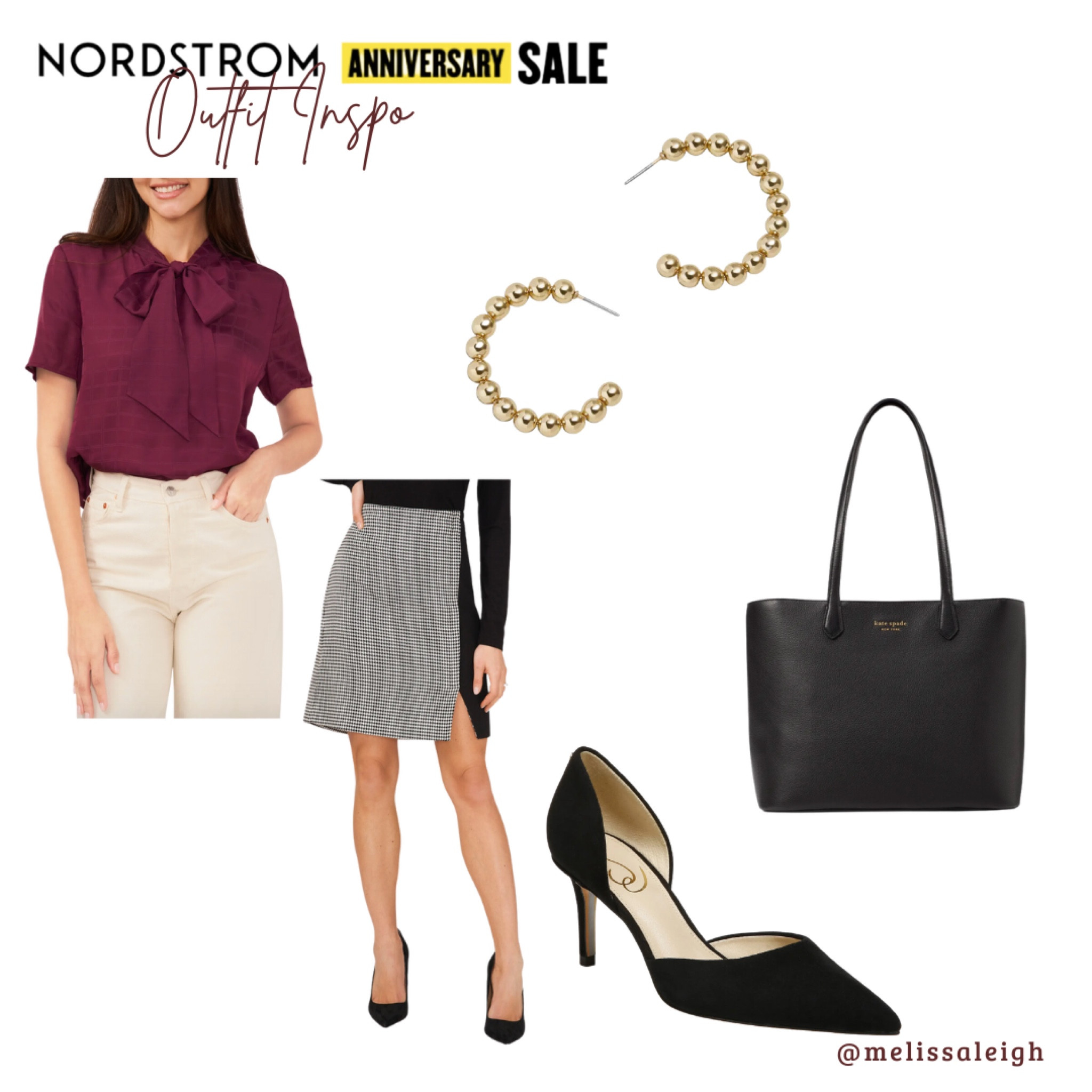 Nordstrom anniversary sale, Nordstrom, Nordstrom sale, n sale 2023, sale finds, fall style, staple items, work outfit, office attire, Vince Camuto burgundy blouse with tie neck, plaid knee length skirt with slit, Sam Edelman black heel, kate spade black tote bag, gold hoop earrings 

#LTKworkwear #LTKxNSale #LTKSeasonal