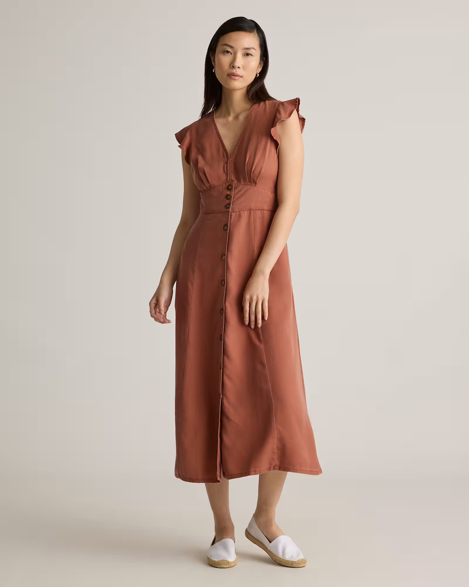 Vintage Wash Tencel Button Front Midi Dress in Terracotta | Quince