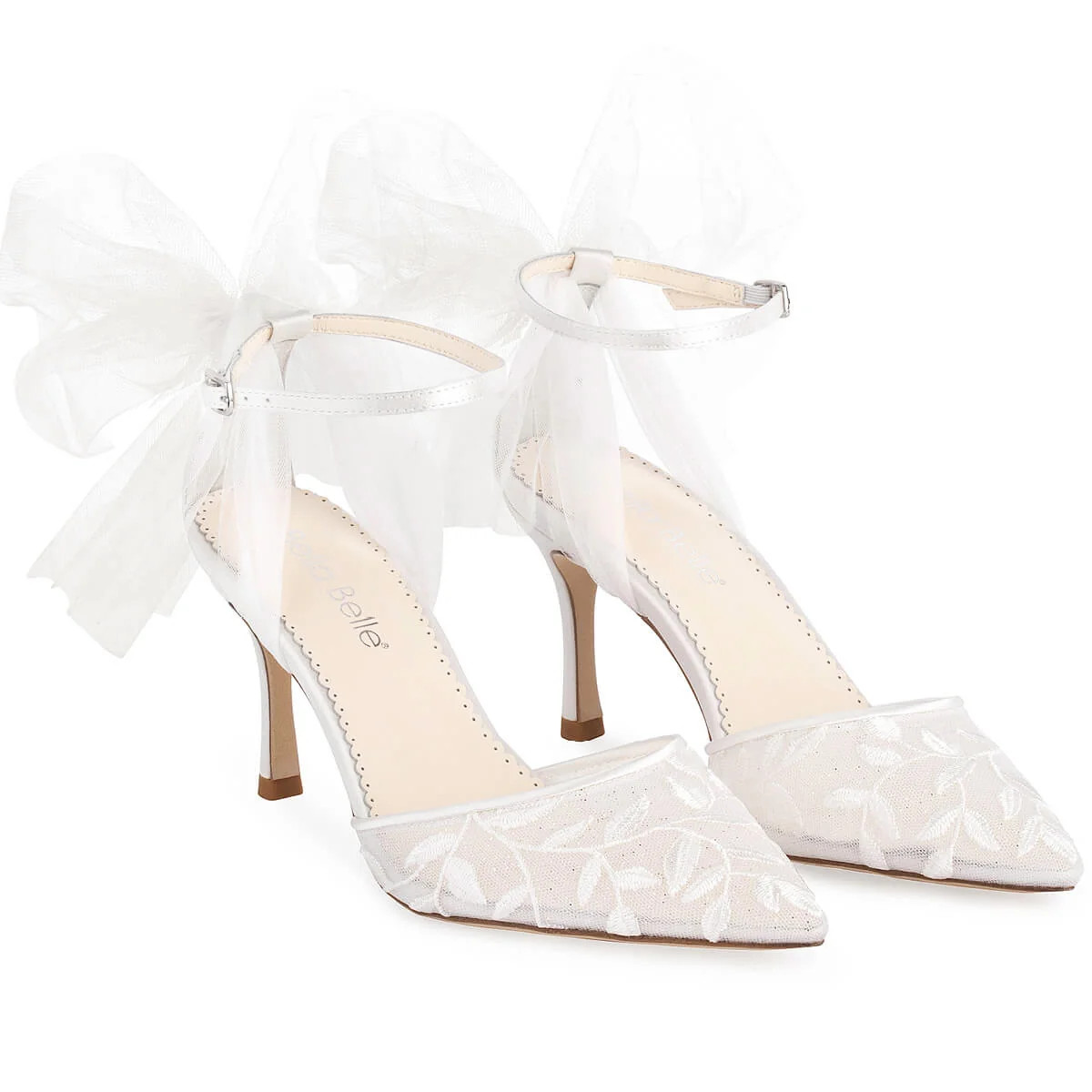Vine Embroidered Ivory Lace Heels with Ankle Strap Tulle Bows | Bella Belle Shoes