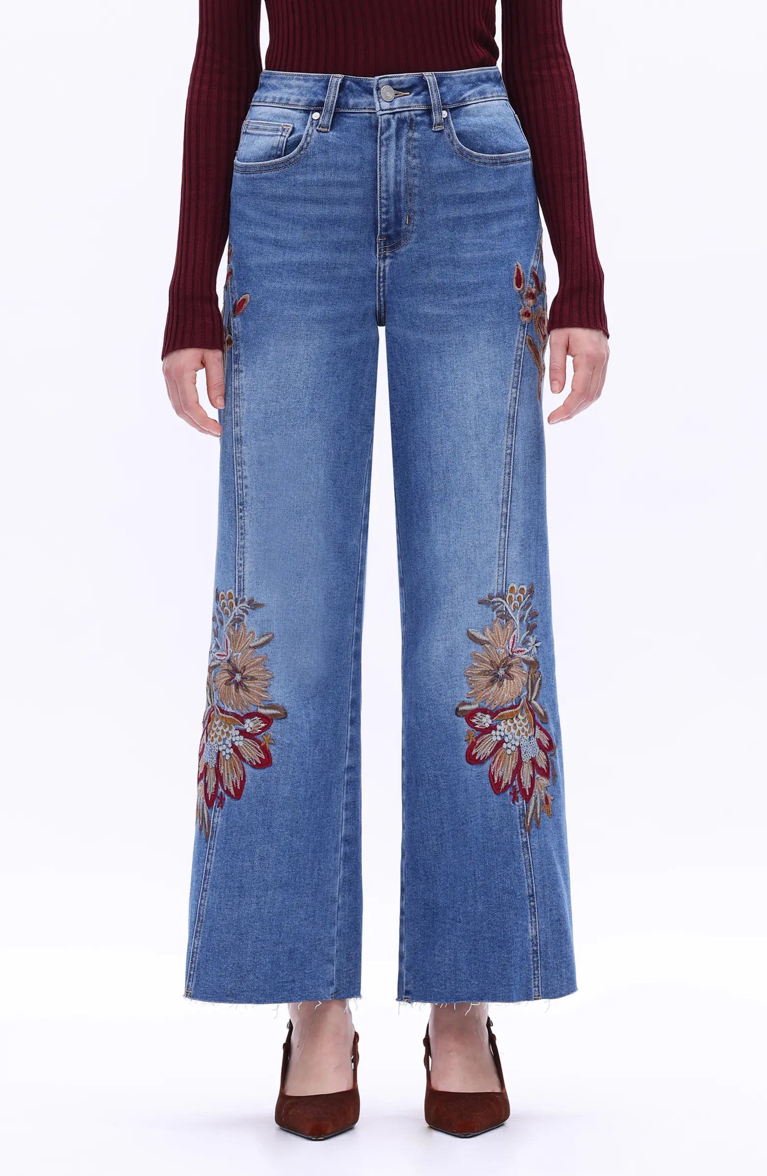 Floral Embroidered High Waist Wide Leg Jeans | Nordstrom