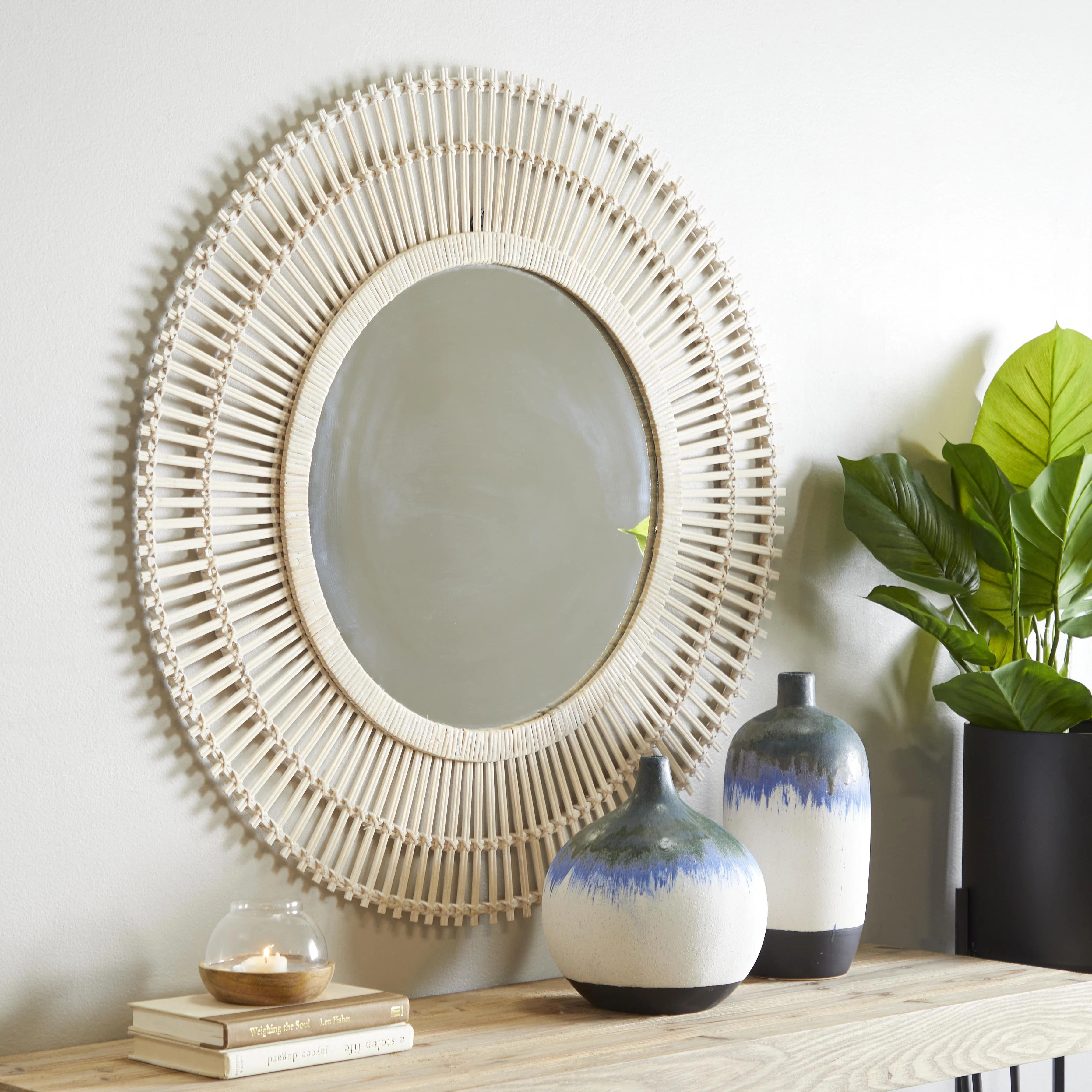 Round Bamboo Wood Handmade Wrapped Starburst Room Wall Mirror | Wayfair North America
