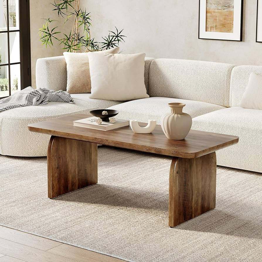 LITTLE TREE Farmhouse Coffee Table, 47 Inches Wooden Center Tables with Rounded Corners, Rectangu... | Amazon (US)