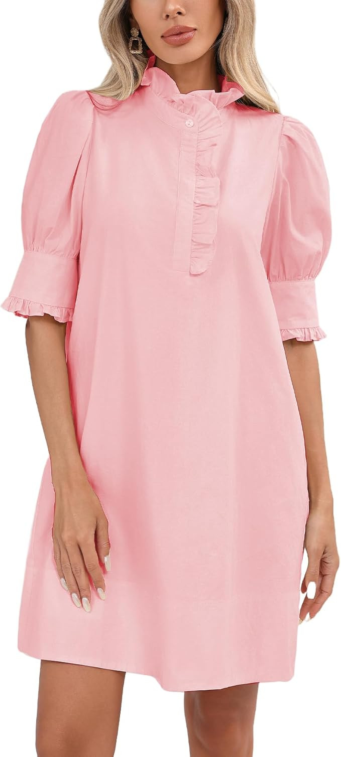 Women's Puff Short Sleeve Stand Ruffle Collar Summer Dress Casual A Line Shift Mini Dress with Po... | Amazon (US)