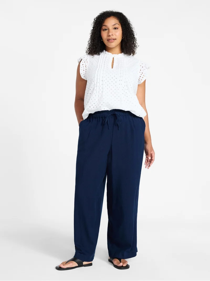 Time and Tru Women's Wide Leg Linen Blend Pants, Sizes XS-XXXL | Walmart (US)