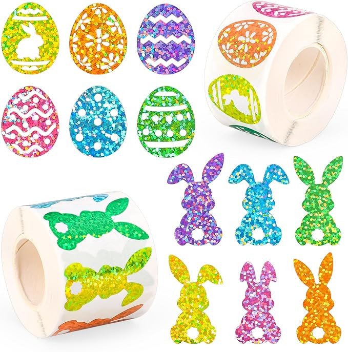 AnyDesign 1000 Pcs Easter Egg Bunny Stickers Holographic Sparkly Seal Decals Self-Adhesive Colorf... | Amazon (US)