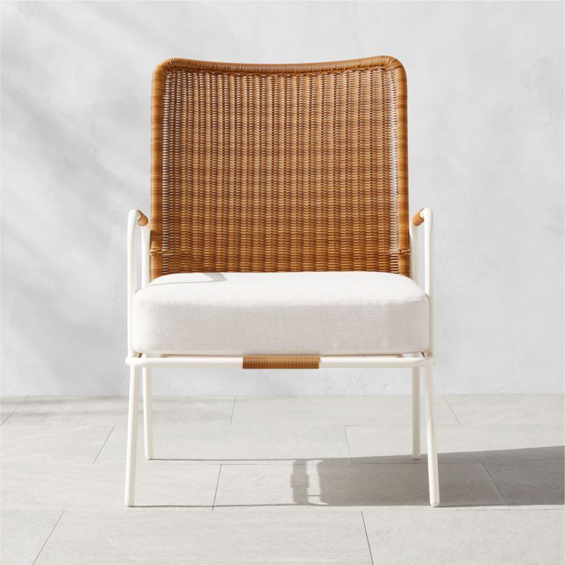 Colombe Modern White Metal and Rattan Outdoor Lounge Chair with White Sunbrella Cushions | CB2 | CB2