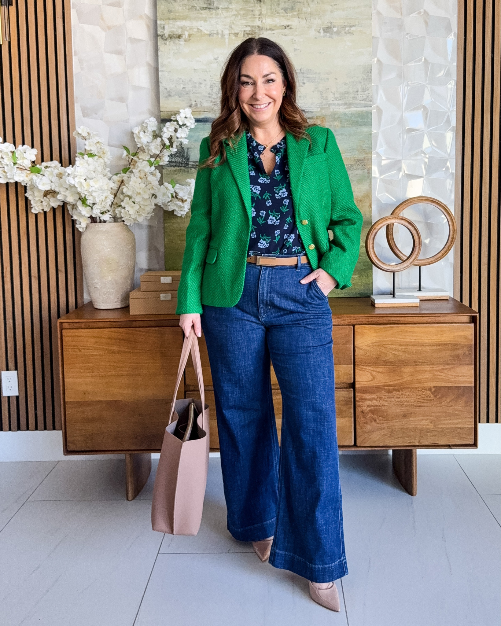 Casual Friday workwear with new @jcrewfactory green blazer, floral blouse and dark wash trouser jeans. 

Wearing large in blouse, 12 in blazer, 12 in jeans - all run true to size 

#springoutfit #workwear #jeansatwork #greenblazer 

#LTKOver40 #LTKMidsize #LTKWorkwear