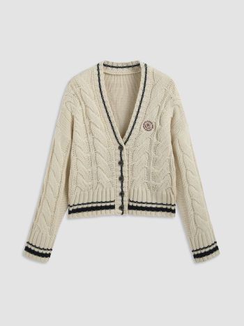 Knit Fabric Knit V-neck Contrasting Binding Cardigan For School Daily Casual Picnic Coffee Shop | Cider