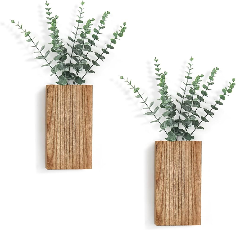 Dahey 2 Pack Wood Wall Planter Vase with Artificial Eucalyptus Farmhouse Wall Hanging Decor Pocke... | Amazon (US)