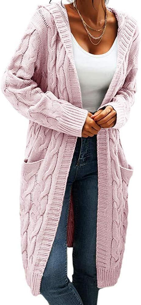 Women Hooded Open Front Cardigan Cable Knit Sweaters Solid Color Chunky Long Sweater Coats | Amazon (US)