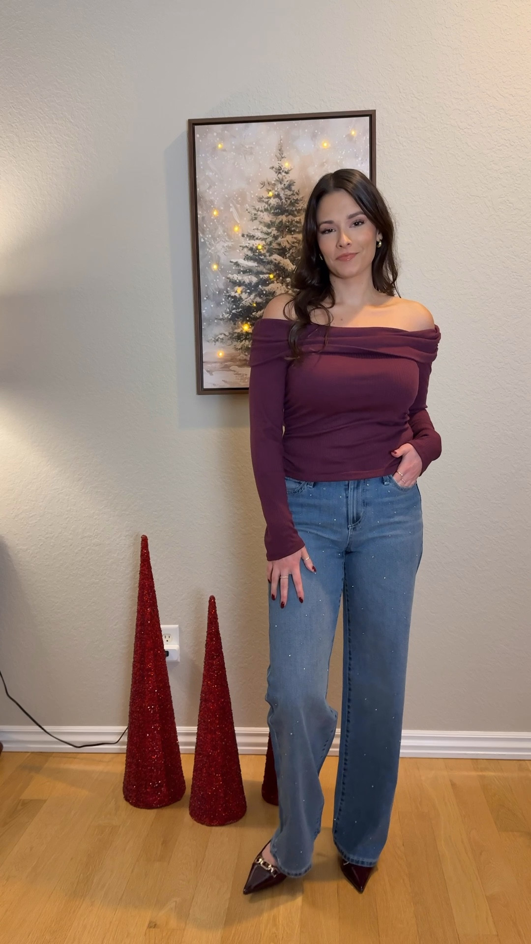 These $20 rhinestone wide leg jeans are a must!!! And they make the booty look good 🤌🏻 

Holiday outfits, rhinestone denim,  Christmas outfits, NYE outfit, rhinestone jeans, burgundy top, off the shoulder top, winter outfit, outfit ideas, 
#holidayoutfit #walmartpartner #denim

#LTKFindsUnder50 #LTKgrwm #LTKHoliday