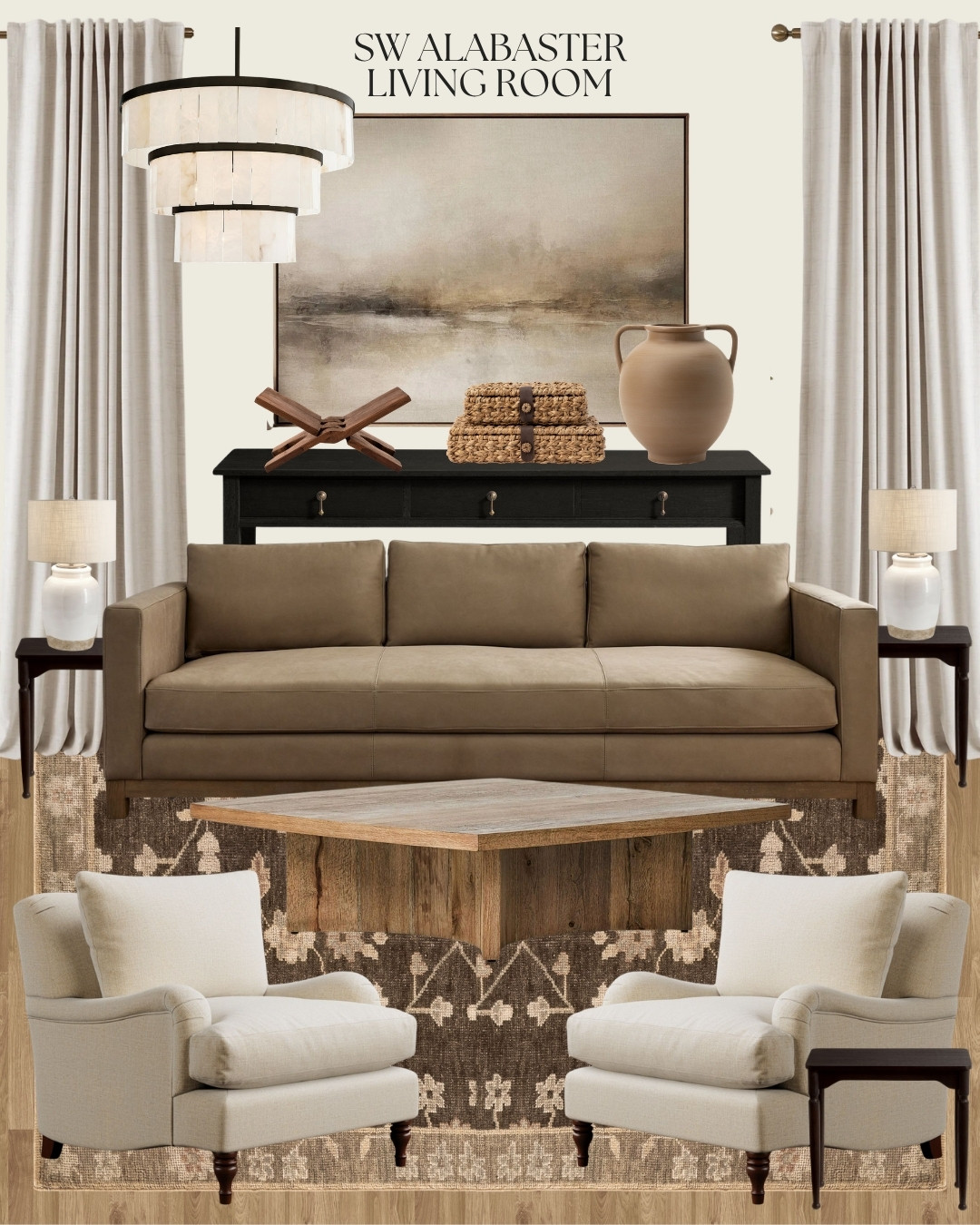 Modern Transitional Living Room Mood Board, Brown Leather Couch, Cream Accent Chairs, McGee living Room Ideas, Neutral living Room Design, Cozy Living Room design, Neutral Home, Cozy Home, Console Table Organisation, SW Alabaster Living Room, Pottery Barn

#mcgee #swalabaster #cozyhome #cozyinteriors #neutralhome #neutralinteriors #beigehome #designinspo #designinspiration 

 #LTKHome #LTKSaleAlert