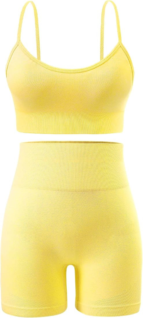 Seamless Workout Sets for Women 2 Piece Outfits High Waist Yoga Shorts Adjustable Padded Sports Bra  | Amazon (US)