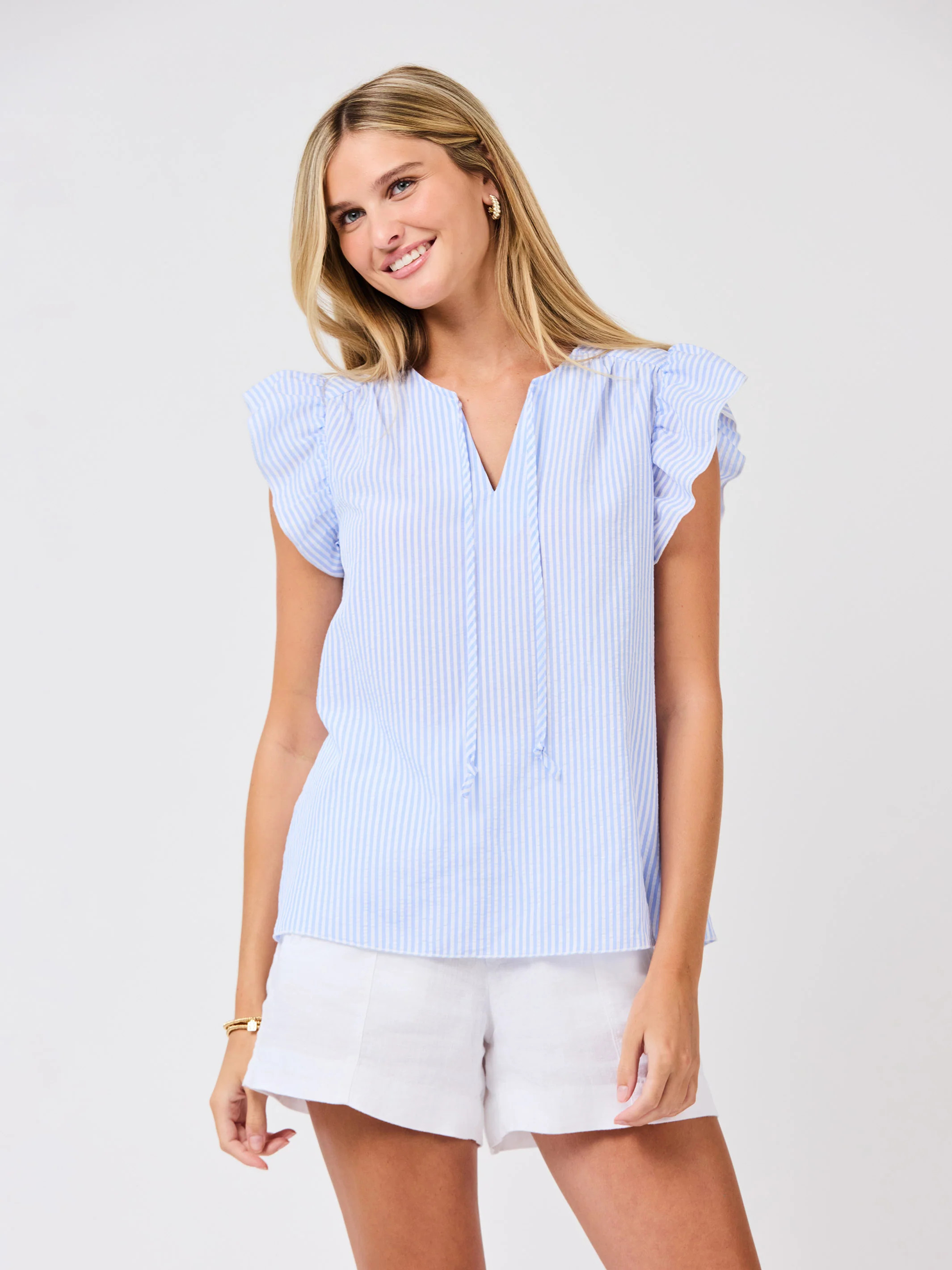 Lydia Seersucker Top | Blue + White | Mary Square