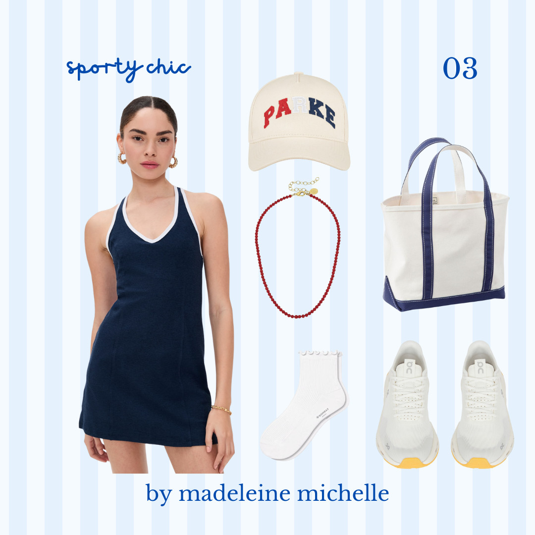 the college class outfit guide | sporty chic! tennis dress, workout dress, parke, ruffle socks, southern style, tennis style, workout look, beaded necklace, boat tote, llbean 

 #LTKSeasonal #LTKFindsUnder50 #LTKStyleTip