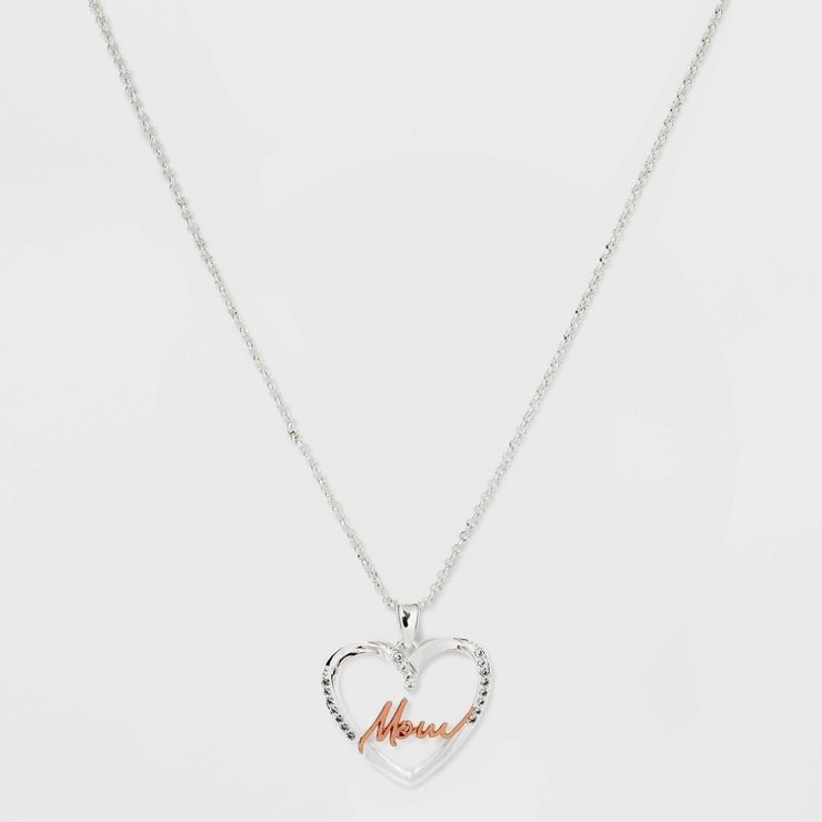 Silver Plated Cubic Zirconia 'MOM' Open Heart Pendant Necklace | Target
