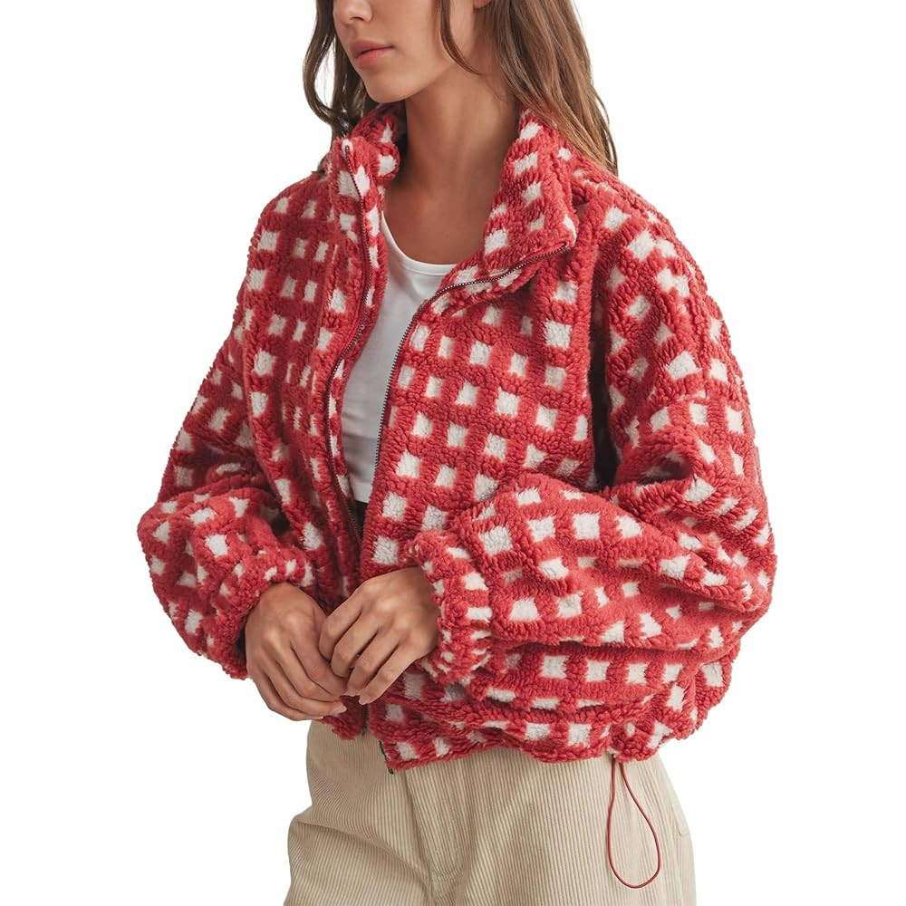 Womens Checkered Sherpa Jacket Cropped Long Sleeve Plaid Fleece Coats Casual Zip Up Gingham Outwe... | Amazon (US)