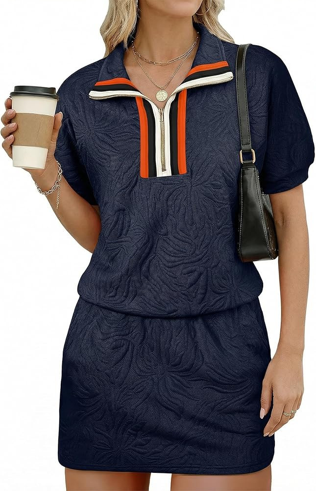 BLENCOT Skirt Sets Short Sleeve Half Zip Tops Mini Skort Textured Color Clock 2 Pieces Sets for W... | Amazon (US)