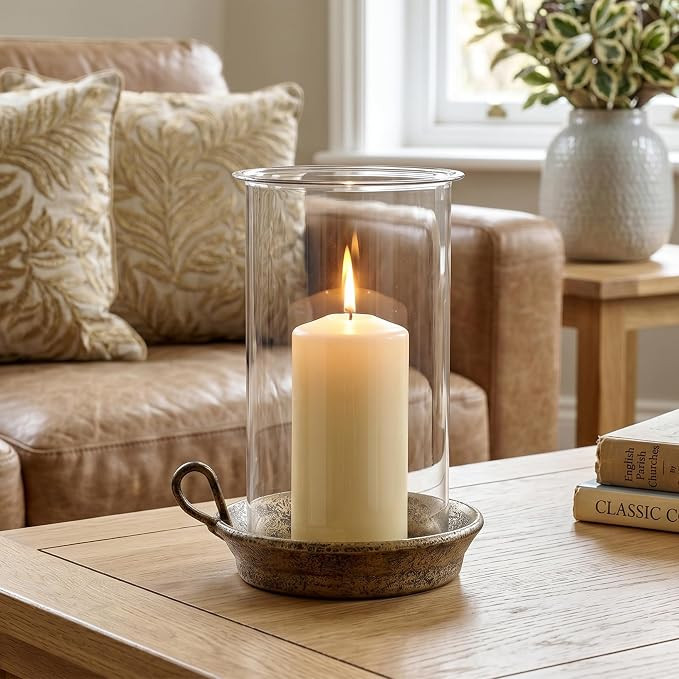 Rustic Pillar Candle Holder with Glass Hurricane Shade, Vintage Brass Cast Iron Candle Holder for... | Amazon (US)