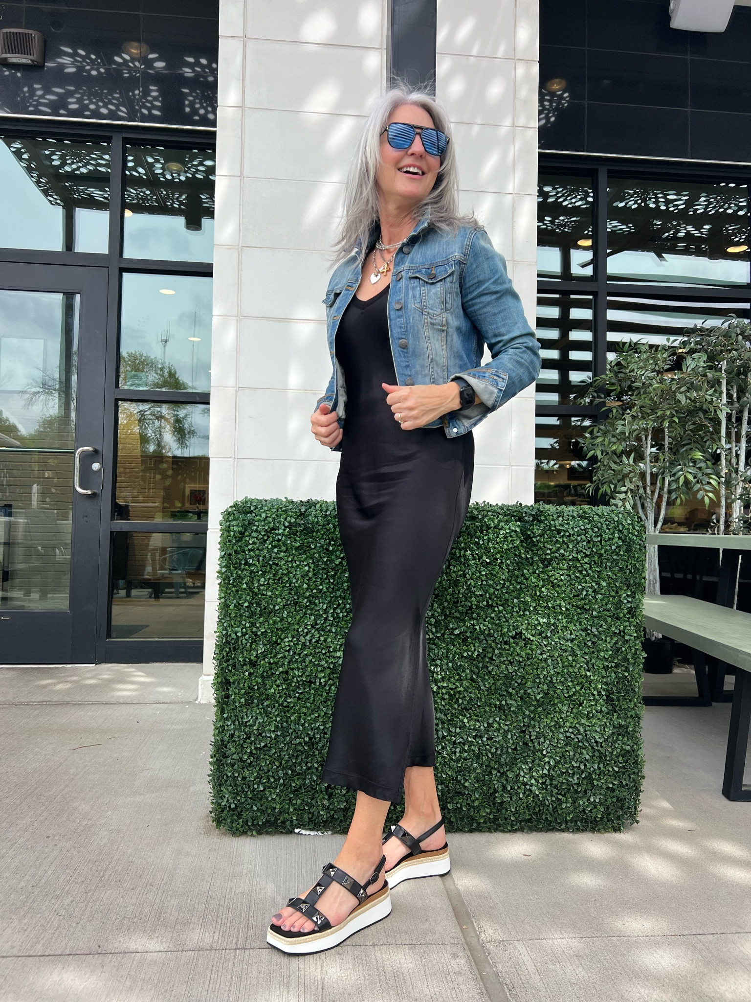 Easy summer style. Pair and black dress with a denim jacket and sandals and off you go! 

Evereve, vaneli shoes, marmi shoes, slip dress, tank dress, black dress, sandals, studded sandals, cool sunnies, sunglasses, denim jacket, jean jacket 

#LTKWorkwear #LTKShoeCrush #LTKStyleTip