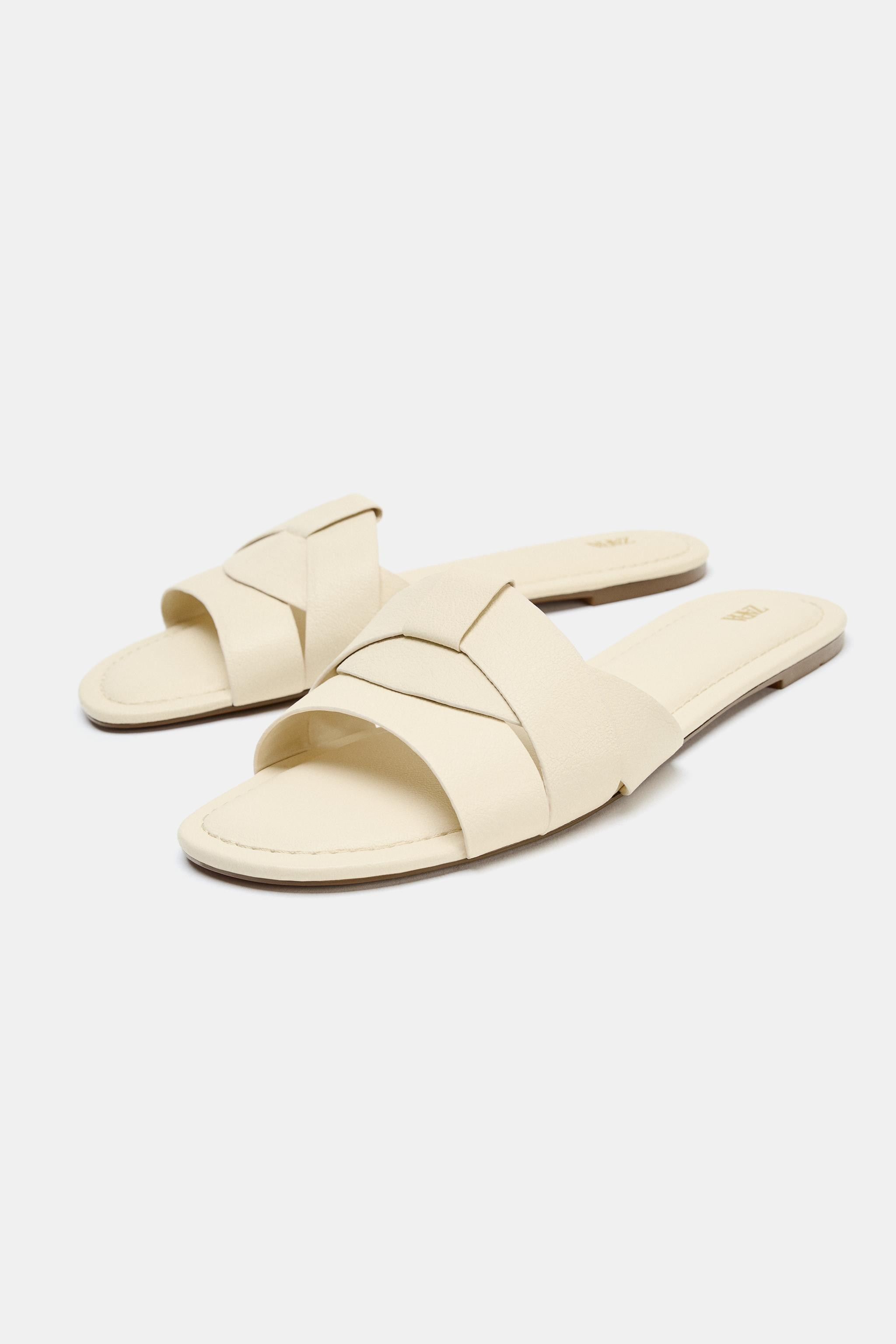LEATHER CROSSED STRAP FLAT SANDALS | Zara AU