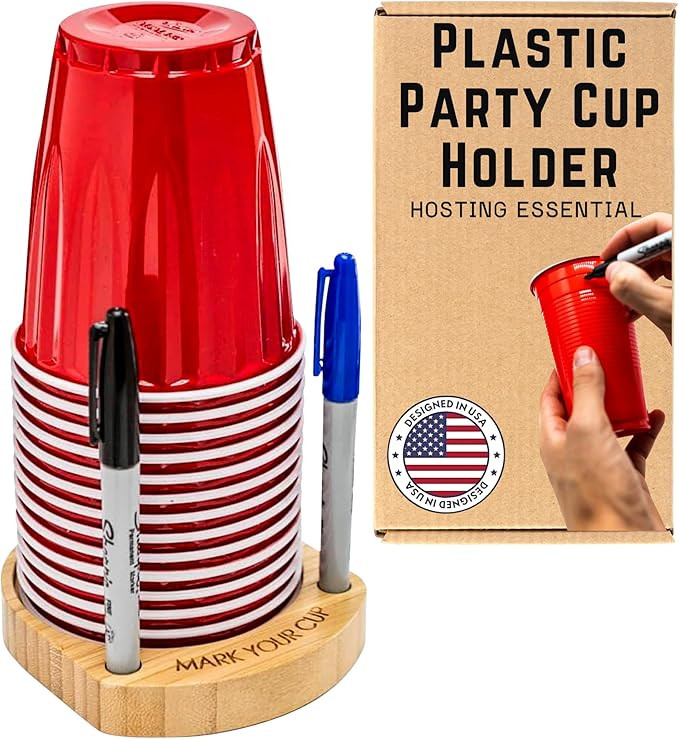 Plastic Party Cup Holder for 3-4" Cups - Wooden Drink Organizer with Marker Slots for Birthdays &... | Amazon (US)