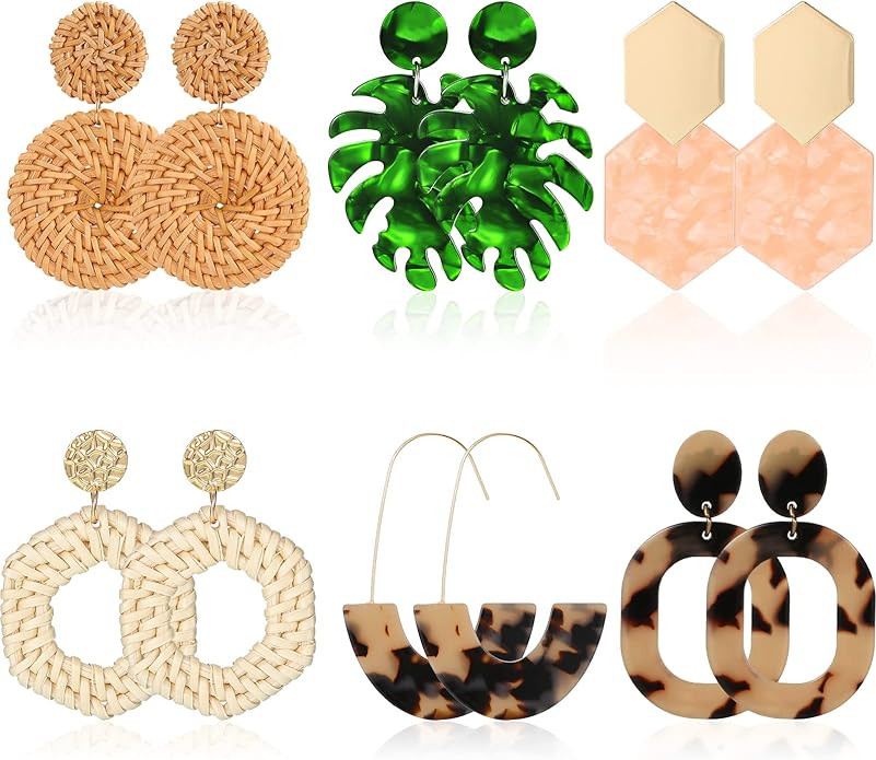 Hicarer 6 Pair Rattan Earrings Straw Tassel Bohemian Earrings for Women Summer Party | Amazon (US)