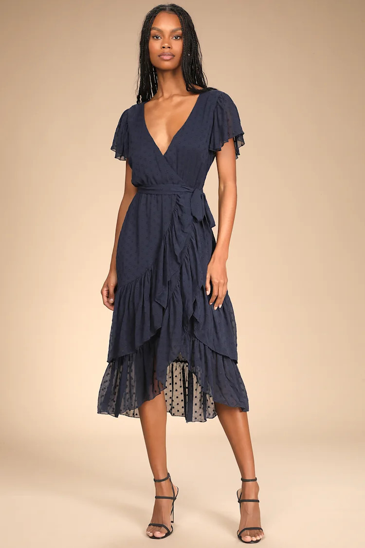 Have Harmony Navy Blue Swiss Dot Ruffled Faux Wrap Midi Dress | Lulus (US)