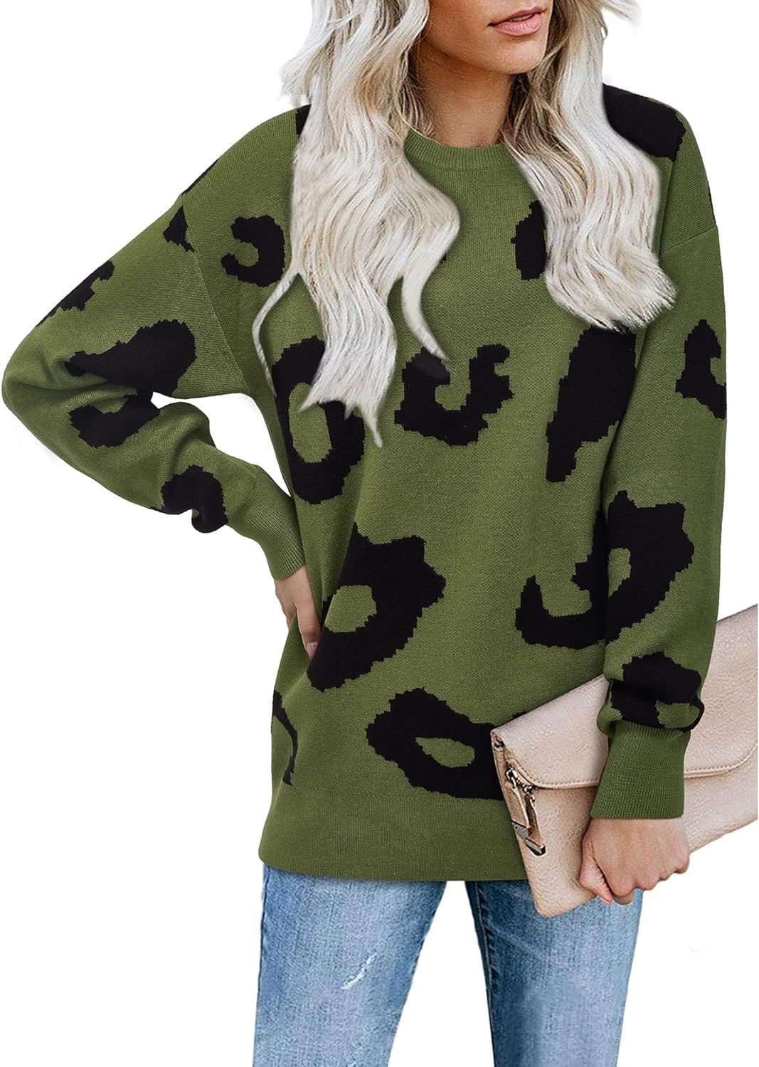 II ININ Women's Leopard Pullover Sweater Casual Sweatshirt Crew Neck Long Sleeve Knit Tops Blouse | Amazon (US)