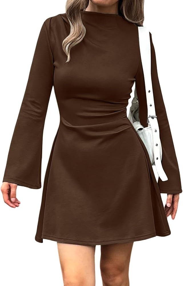 Mieazom Womens Long Sleeve Mini Dress Mock Neck Fit and Flare A Line Dress | Amazon (US)