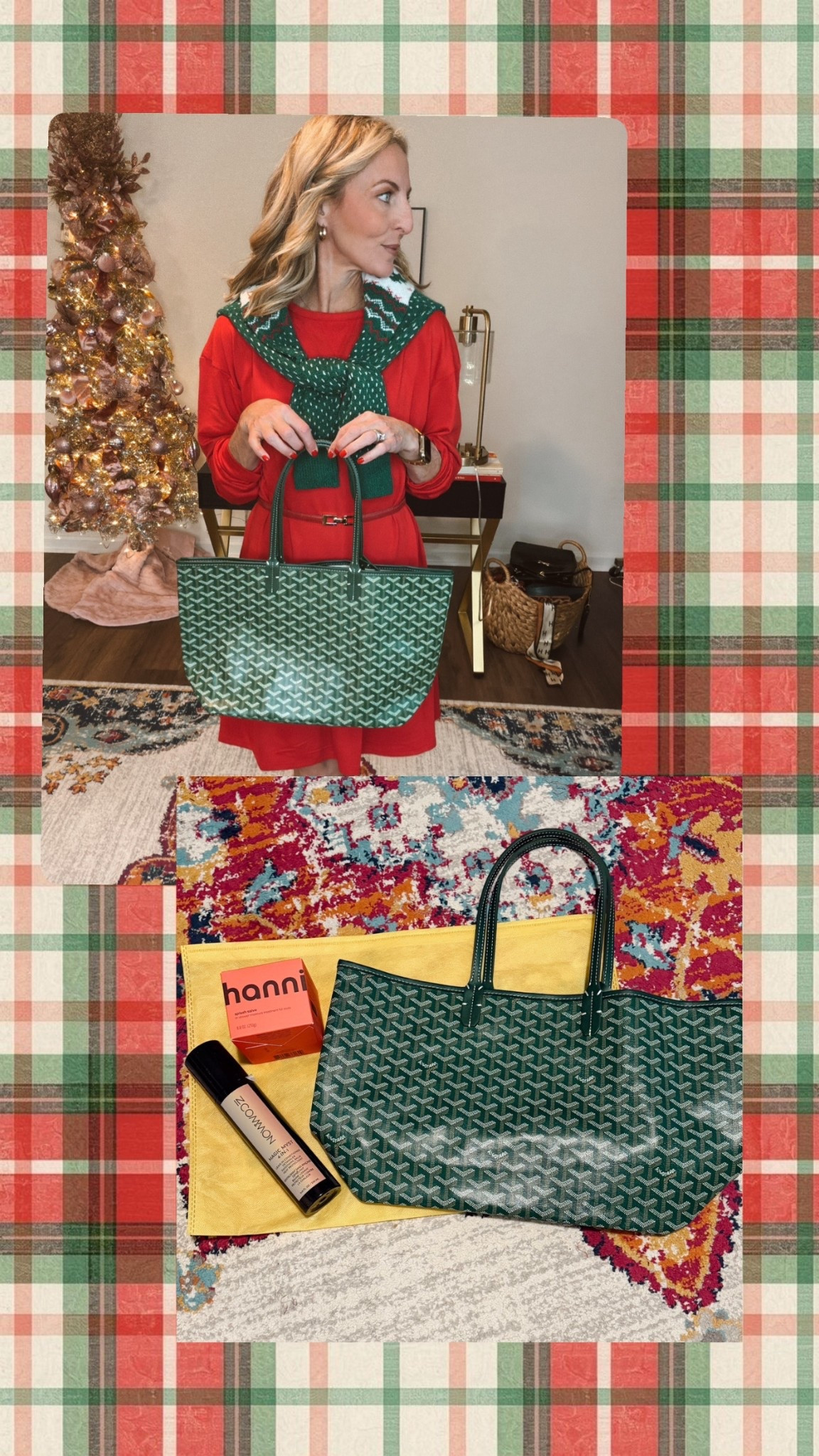 Walmart dress with a festive bag that is back in stock… I have all in size medium… Looks blurry on the Amazon site but trust me it comes in looking fantastic. Shipping is expensive but it is worth every penny.  