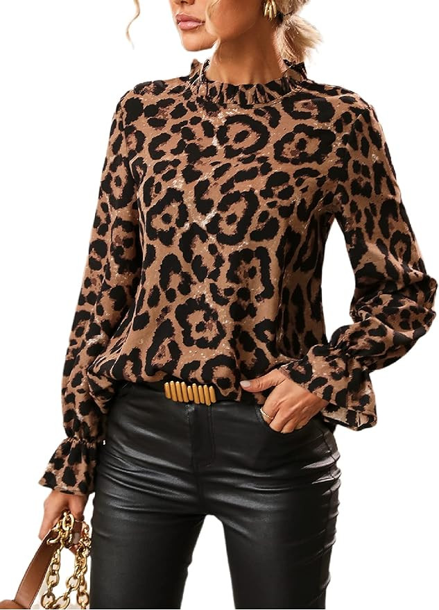 Floerns Women's Leopard Print Long Sleeve Frill Trim Mock Neck Blouse Tops | Amazon (US)