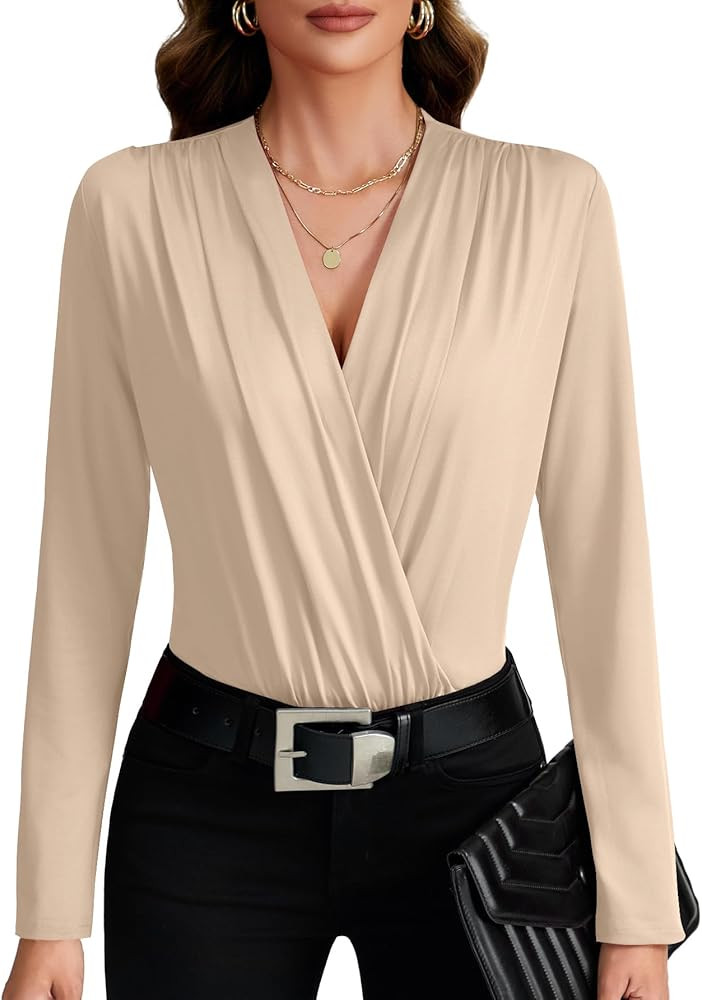 LYANER Women's Wraped V Neck Ruched Long Sleeve Leotard Bodysuit Top | Amazon (US)