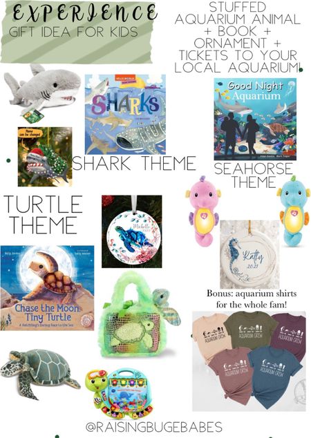 Experience gift idea for kids! This is a great way to avoid more toys/clutter and have a fun day with lasting memories. Pick an aquarium animal then grab a stuffed animal, book, personalized ornament and tickets to the local aquarium! Fun family bonus: matching aquarium t-shirts! 🐠 🦈 🐢 🎁

#LTKkids #LTKfamily #LTKGiftGuide
