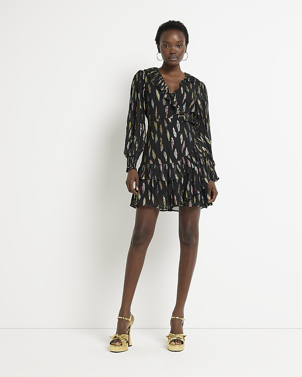 Black jacquard printed wrap mini dress | River Island (UK & IE)