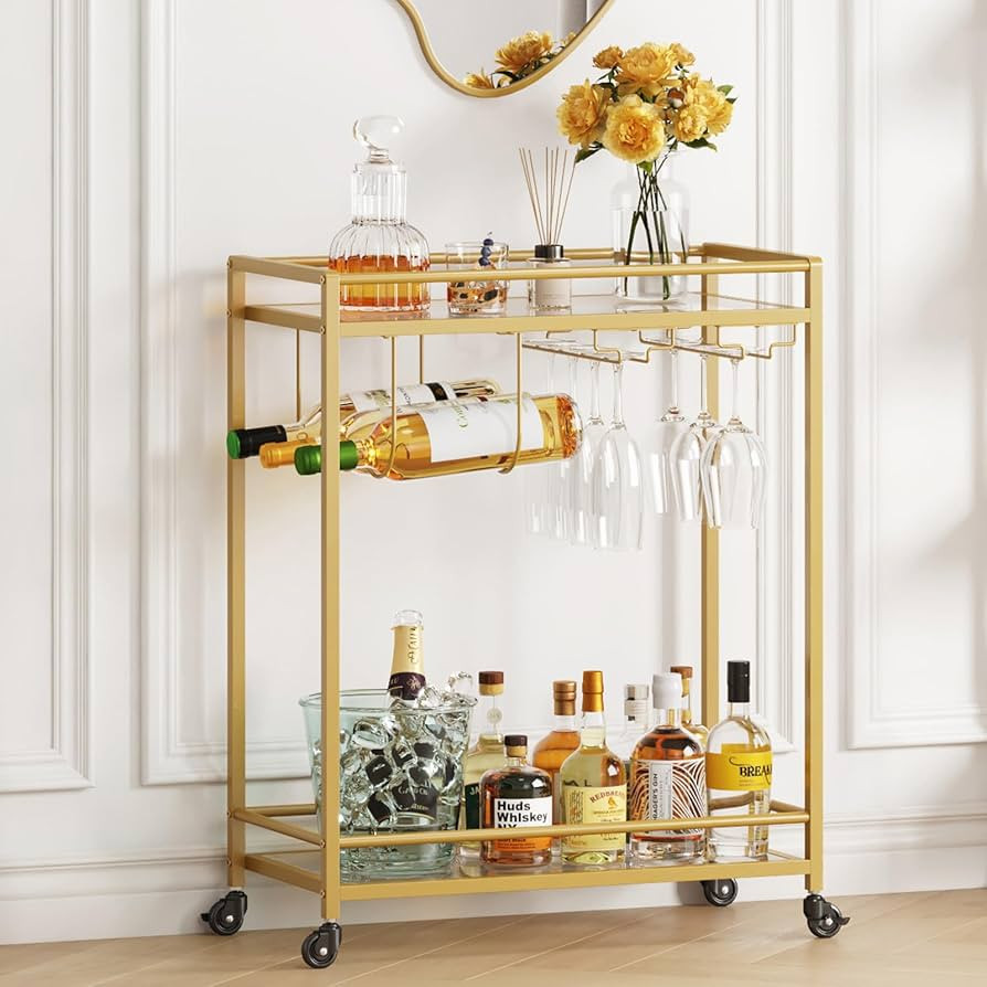 Lifewit Bar Cart, Home Serving Cart with 2 Tier Glass Shelves, Liquor Rolling Cart with Lockable ... | Amazon (US)