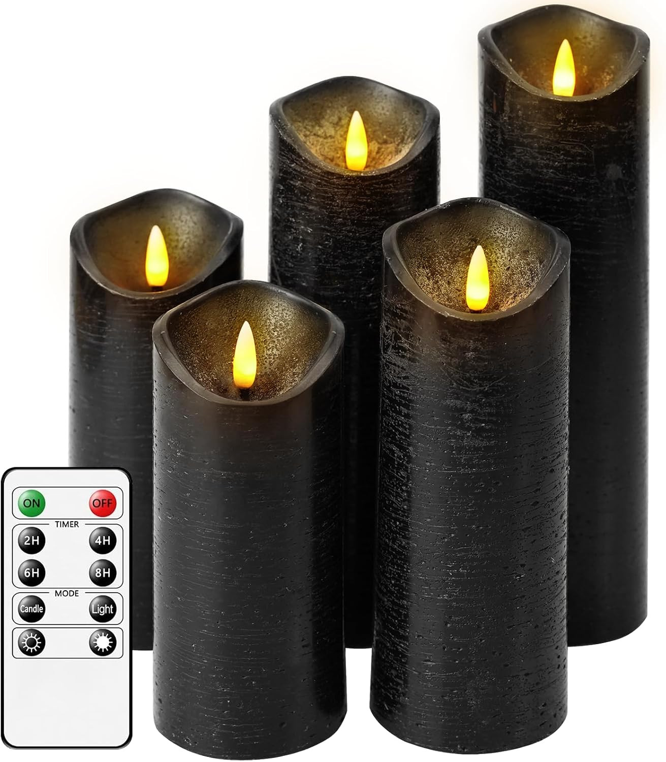 Flickering Flameless Candles with Remote Control and Timer Set of 5 Pc Real Wax LED Pillar Candles, Battery Operated Candles（D2.2×H5/5.5"/6"/7"/8"） Home Decor Flameless Candles（Black） | Amazon (US)