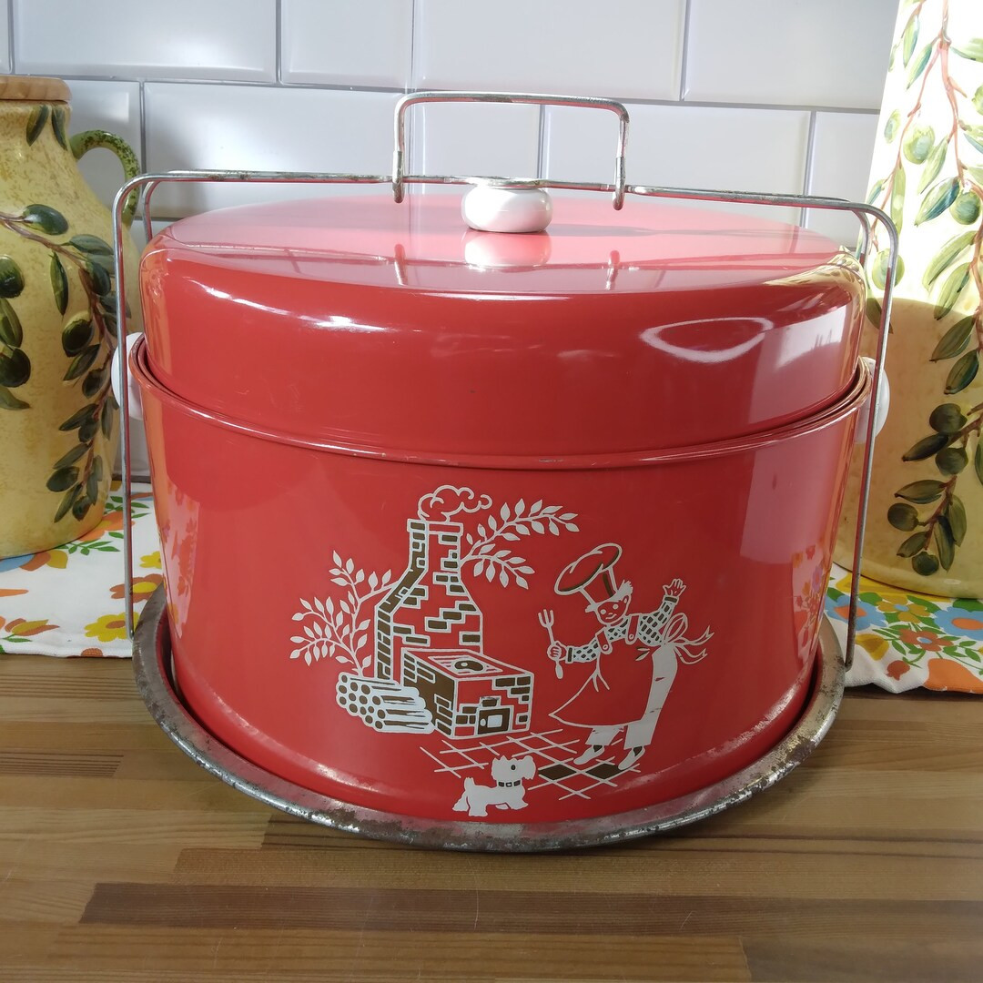 Vintage Pie Carrier & Cake Taker Metal Tin Retro Red Barbeque Print Litho Round with Locking Lid ... | Etsy (US)