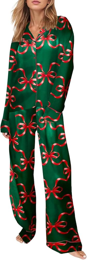 Argeousgor Women Cute Christmas Pajama Sets Satin Silk Pajamas Long Sleeve Shirt Wide Leg Pants 2... | Amazon (US)