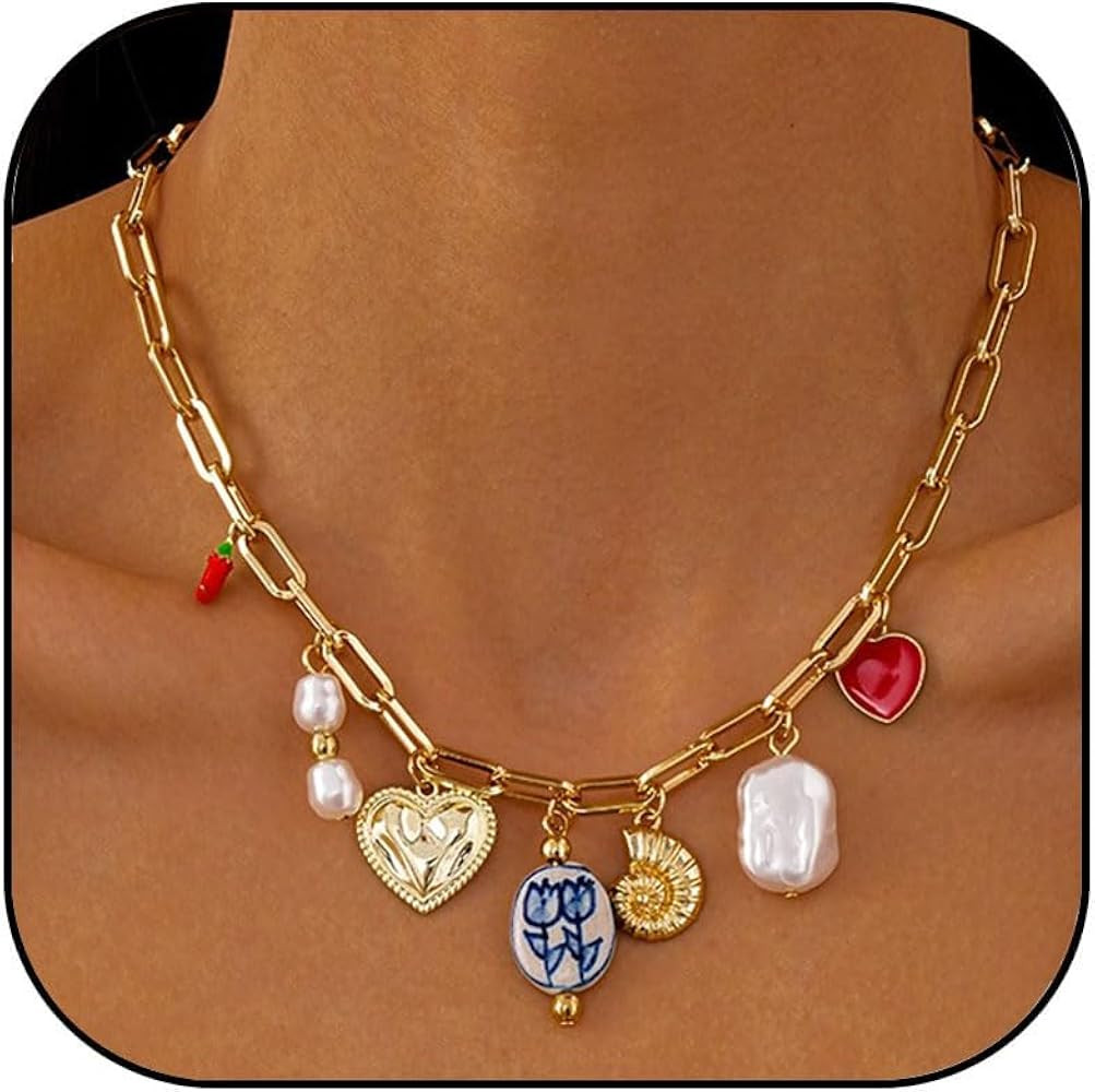 Gold Charm Necklace for Women Summer Charm Necklace Trendy Heart Pearl Flower Conch Pepper Pendan... | Amazon (US)