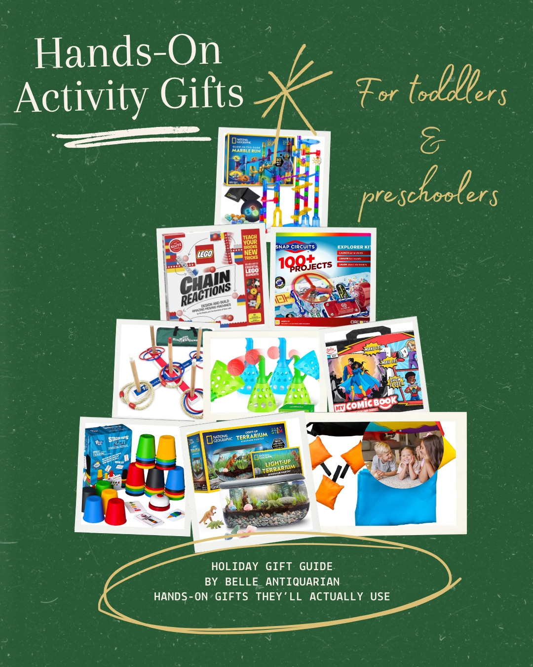 Screen-free gifts for toddlers and preschoolers that encourage movement, pretend play, problem-solving, and early learning. These are colorful, hands-on activities little ones can return to again and again. #LTKGiftGuide #LTKHoliday #LTKKids 

 #LTKSeasonal #LTKKids