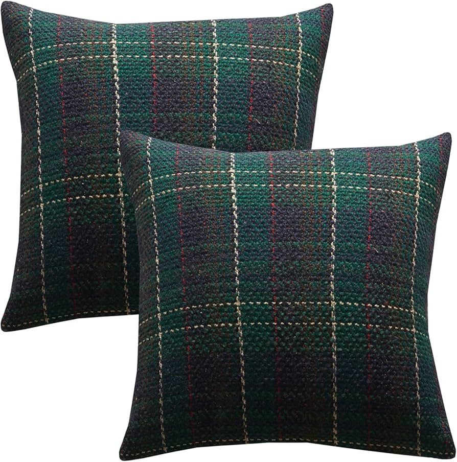 Green Plaid Pillow Covers 20x20 inch Set of 2 Knitting Tartan Pillow Cases Winter Xmas Farmhouse ... | Amazon (US)