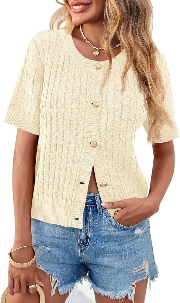 Saodimallsu Womens Summer Short Sleeve Cardigans Cable Knit Cropped Button Down Crewneck Lightwei... | Amazon (US)