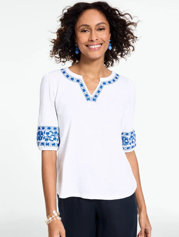 Embroidered Split Neck Top | Talbots