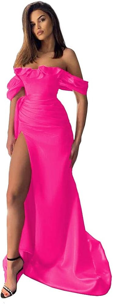 Promworld Women's High Split Mermaid Off Shoulder Prom Dresses Ruffles Long Evening Gowns | Amazon (US)