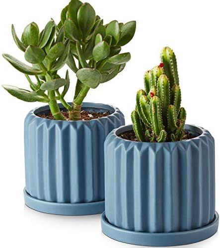 ZONESUM Ceramic Plant Pots, 5" Indoor Planters with Saucer and Drainage Hole, Matte Blue Modern G... | Amazon (US)