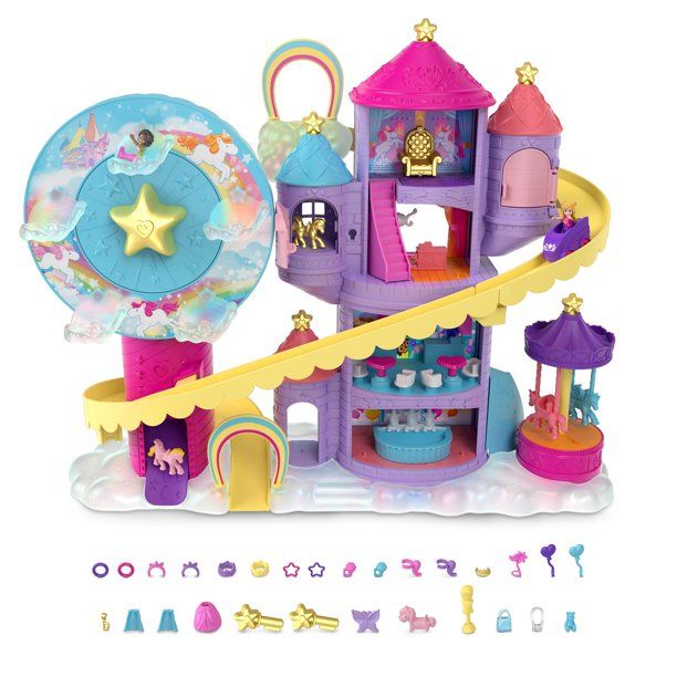Polly Pocket Rainbow Funland Theme Park Playset, 3 Rides, 7 Play Areas, 2 Dolls, 2 Unicorns & 25 ... | Walmart (US)