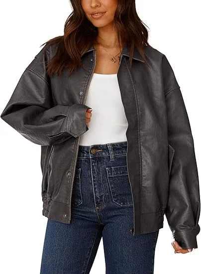 PRETTYGARDEN Women's Faux Leather Motorcycle Jacket Trendy Fall Spring Clothes Oversized Zip Up W... | Walmart (US)
