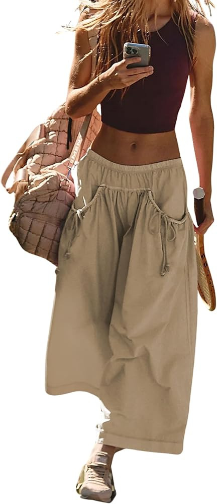 Hooever Women's Loose Wide Leg Track Pants Drawstring Pockets Elastic Waist Capri Hiking Pants | Amazon (US)